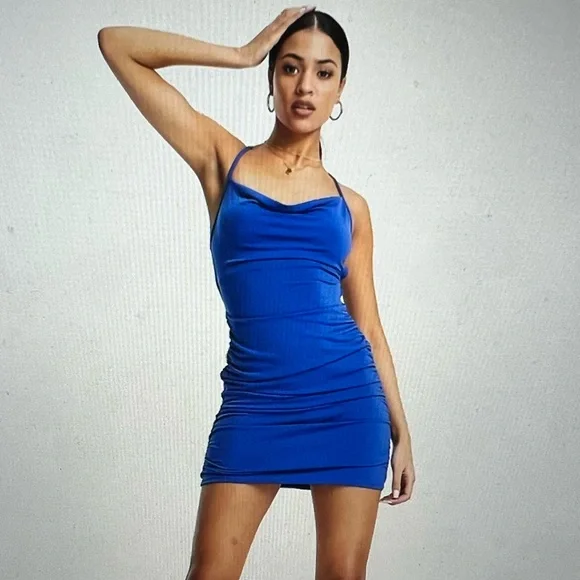 ASOS | Dresses | Asos Flounce London Slinky Cowl Neck Mini Dress In Dusky Cobalt  Blue | Poshmark